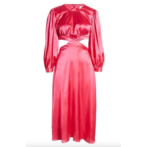 RAHI Cierra Cutout Balloon Sleeve Satin Midi Dress Fuchsia Womens Size Small - Picture 11 of 11